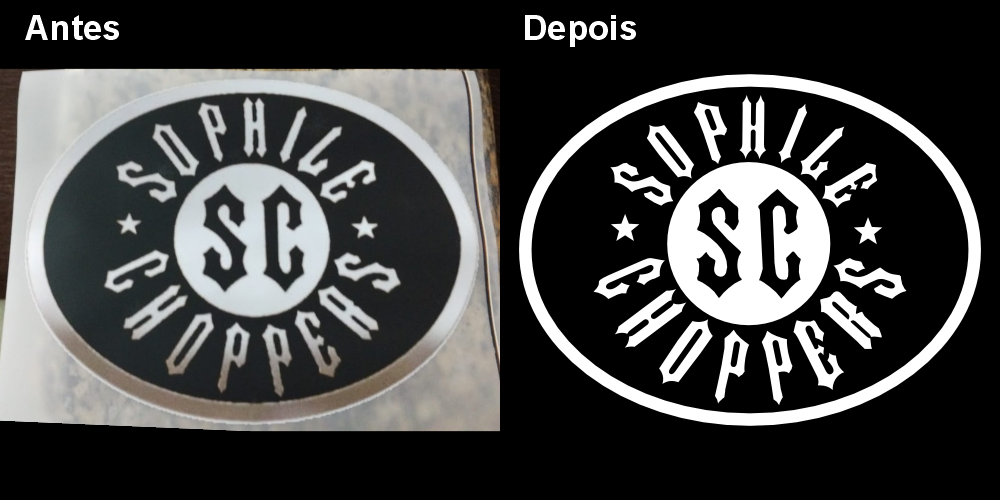 Antes e depois de logotipo Sophile Choppers vetorizado pela Id Criações.