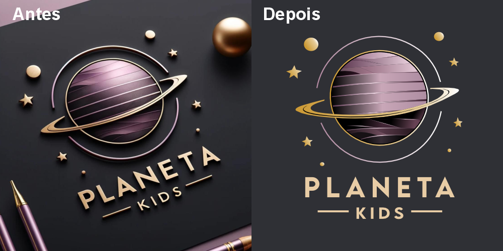 antes e depois do logotipo planeta kids, logotipo vetorizado pela id criações.